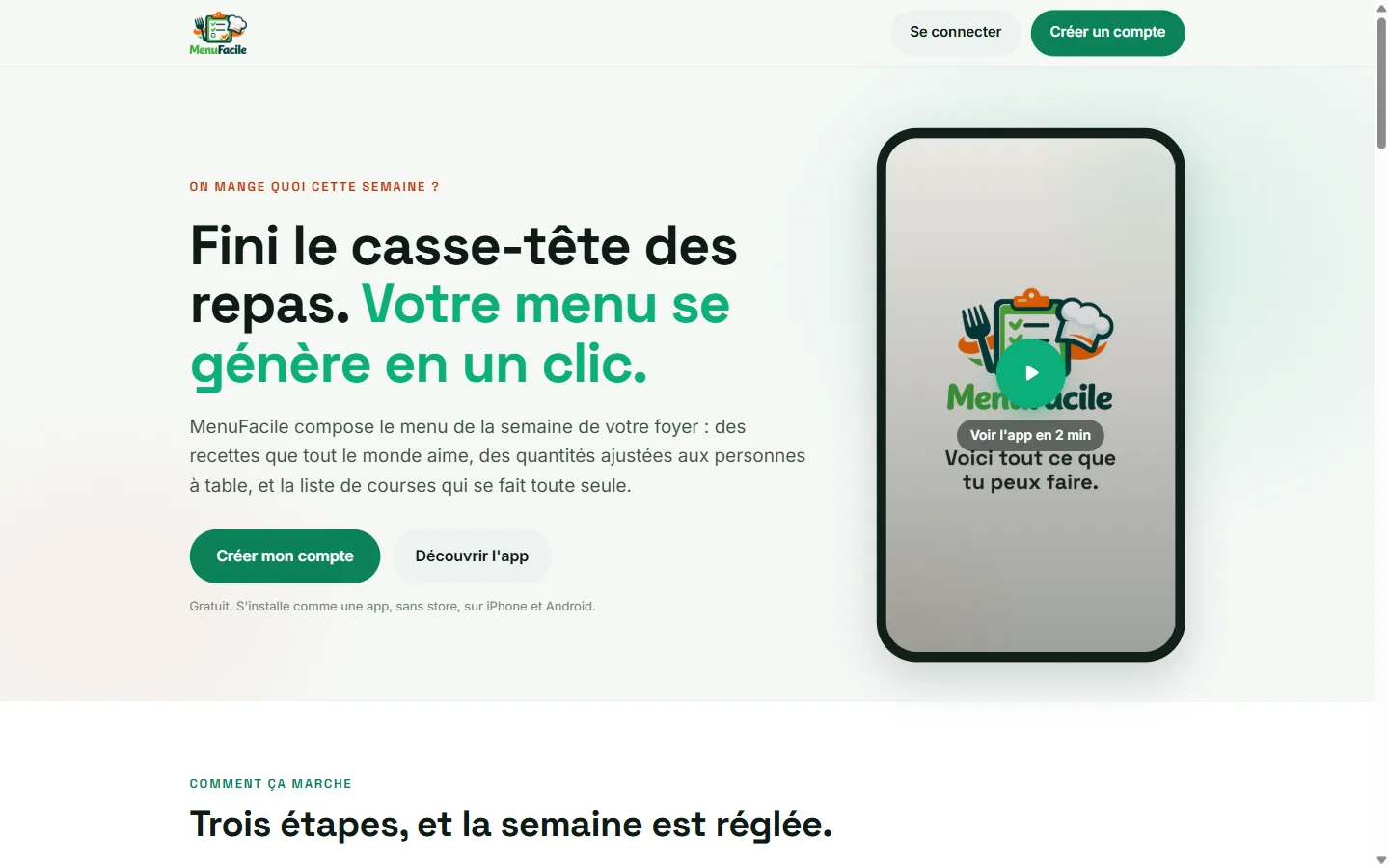 La page d'accueil de MenuFacile : « Fini le casse-tête des repas, votre menu se génère en un clic »